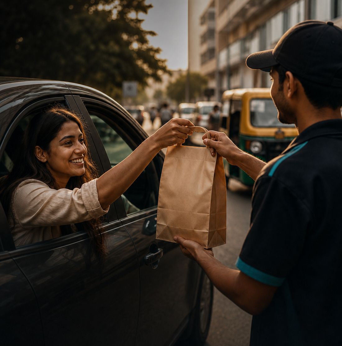 A runner hands a paper bag through a car window to a smiling woman on a Delhi street.